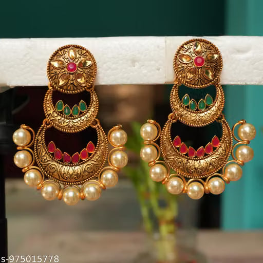 Gold-Plated Ethnic Jhumka Earrings with Pearls and Multicolor Stones for Women and Girls
