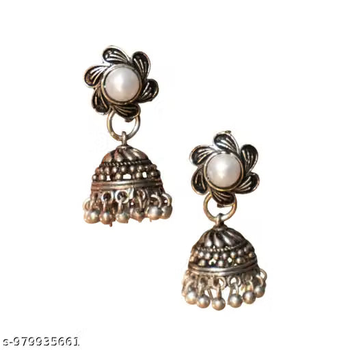 Black Oxidised Floral Pearl Jhumka Earrings for Women and Girls | Traditional Ethnic Silver Dome Drop Earrings