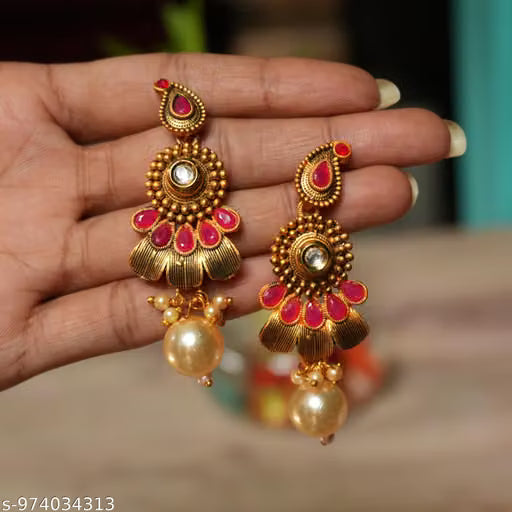 Gold-Plated Ethnic Jhumka Earrings with Pearls and Multicolor Stones for Women and Girls