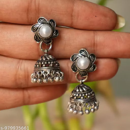 Black Oxidised Floral Pearl Jhumka Earrings for Women and Girls | Traditional Ethnic Silver Dome Drop Earrings