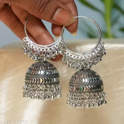 Oxidised Silver-Plated Jhumka Earrings with Chandbali Design